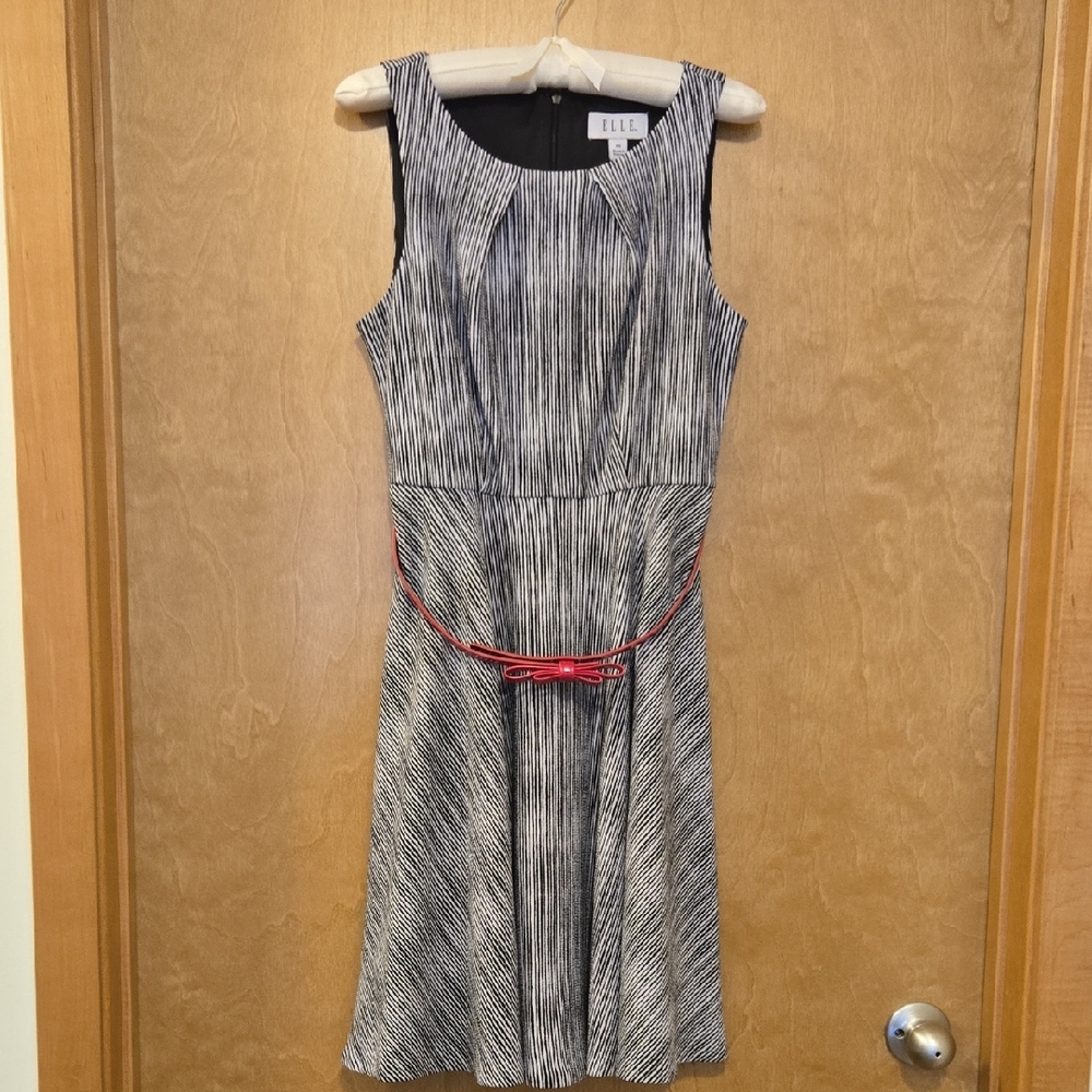 Elle Black and White A line dress with Pink belt